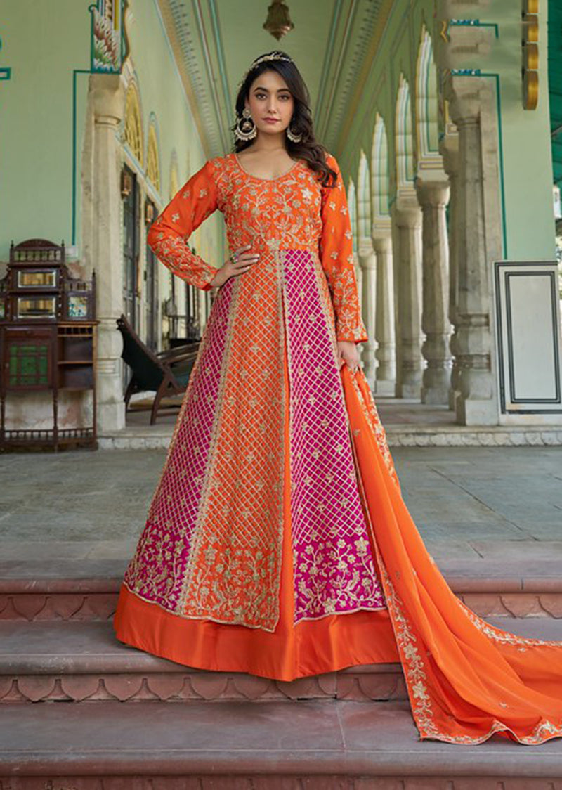Monjolika Fashion Orange And Pink Embroidered Anarkali Gown | Grocsy