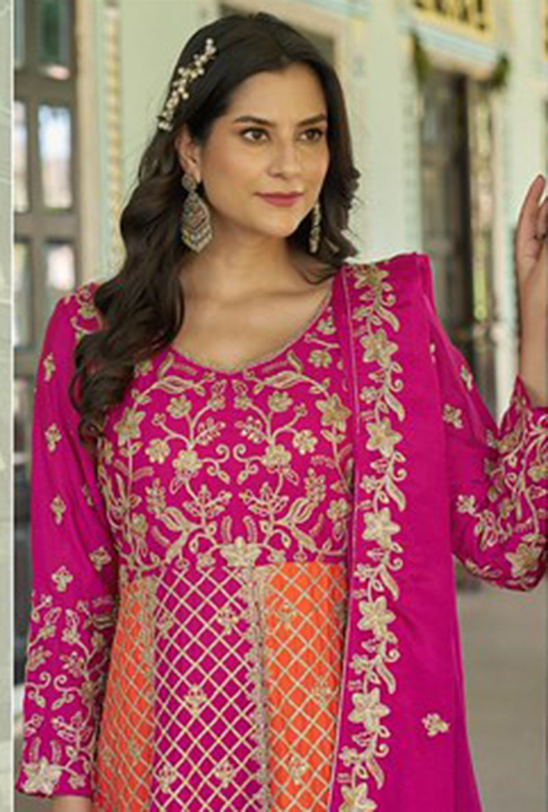Monjolika Fashion Rani Pink And Orange Embroidered Anarkali Gown | Grocsy