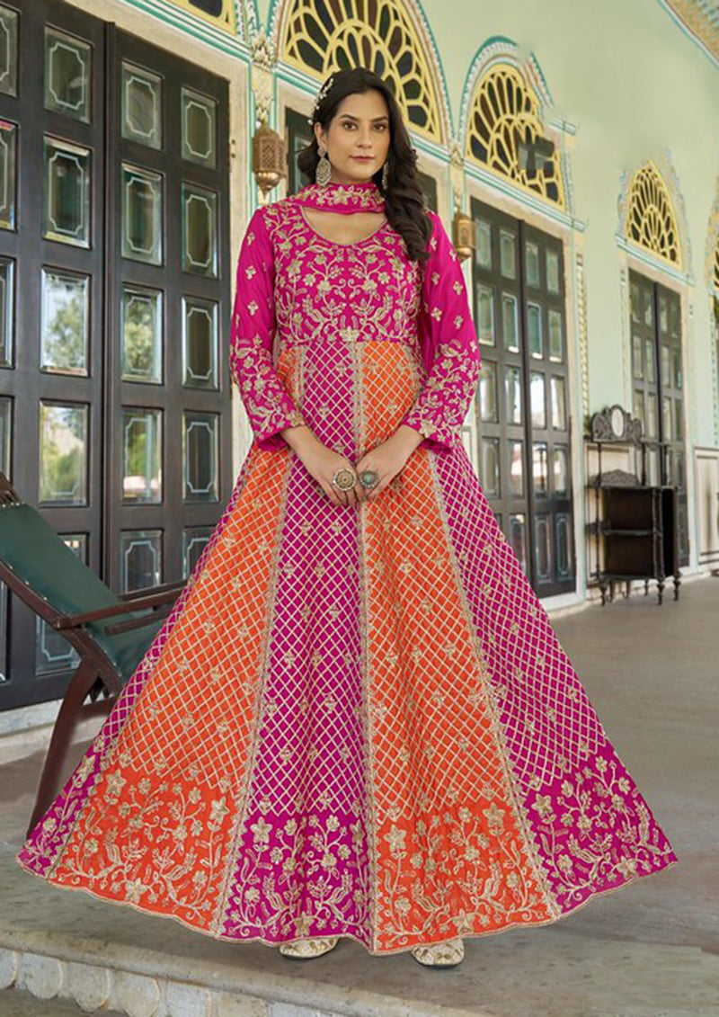 Monjolika Fashion Rani Pink And Orange Embroidered Anarkali Gown | Grocsy