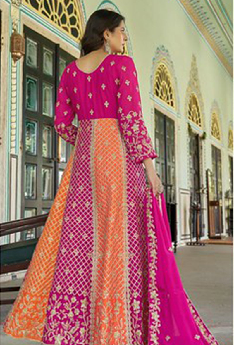 Monjolika Fashion Rani Pink And Orange Embroidered Anarkali Gown | Grocsy