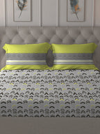 MYTRIDENT Grey Green Geometric Cotton 144 TC Queen Bedsheet With 2 Pillow Covers | Grocsy