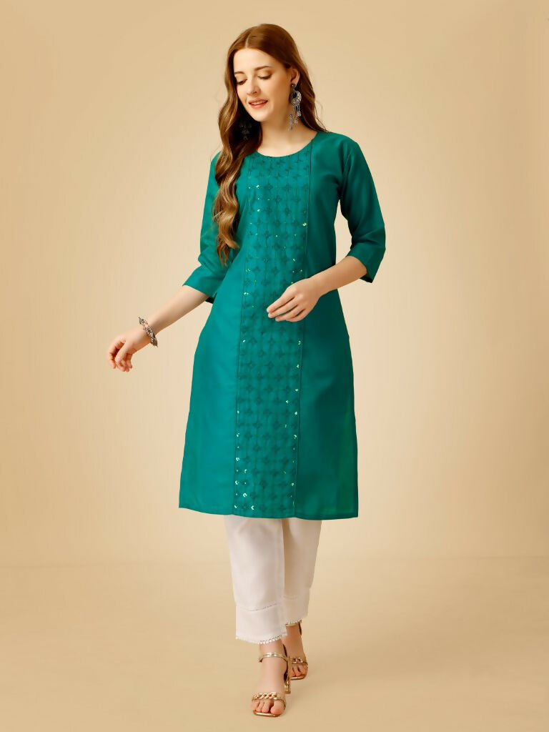 Jyoti Fashion Women's Rama Cotton Blend Embroidered Kurta Pant Set | Grocsy