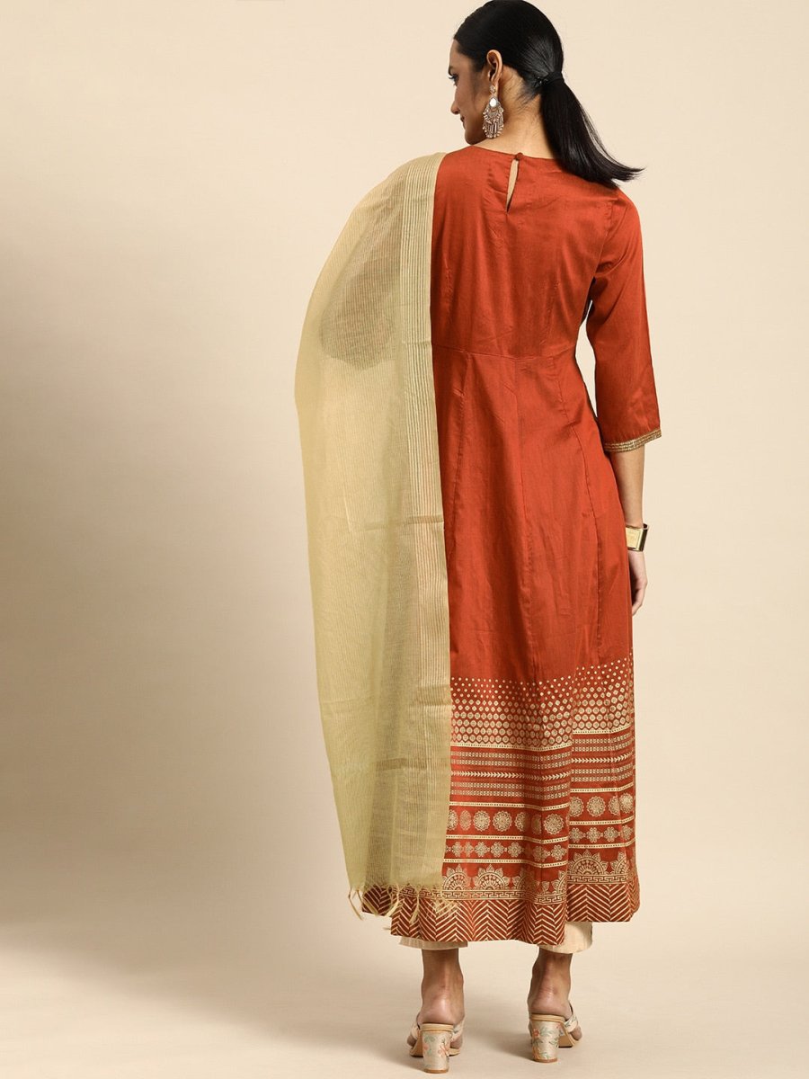 All About You Women Orange& Cream Embroidered Kurta with Dupatta | Grocsy