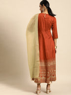 All About You Women Orange& Cream Embroidered Kurta with Dupatta | Grocsy