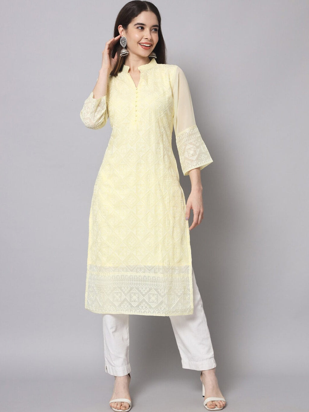 HERE&NOW Women Yellow Ethnic Motifs Embroidered Thread Work Georgette Kurta | Grocsy