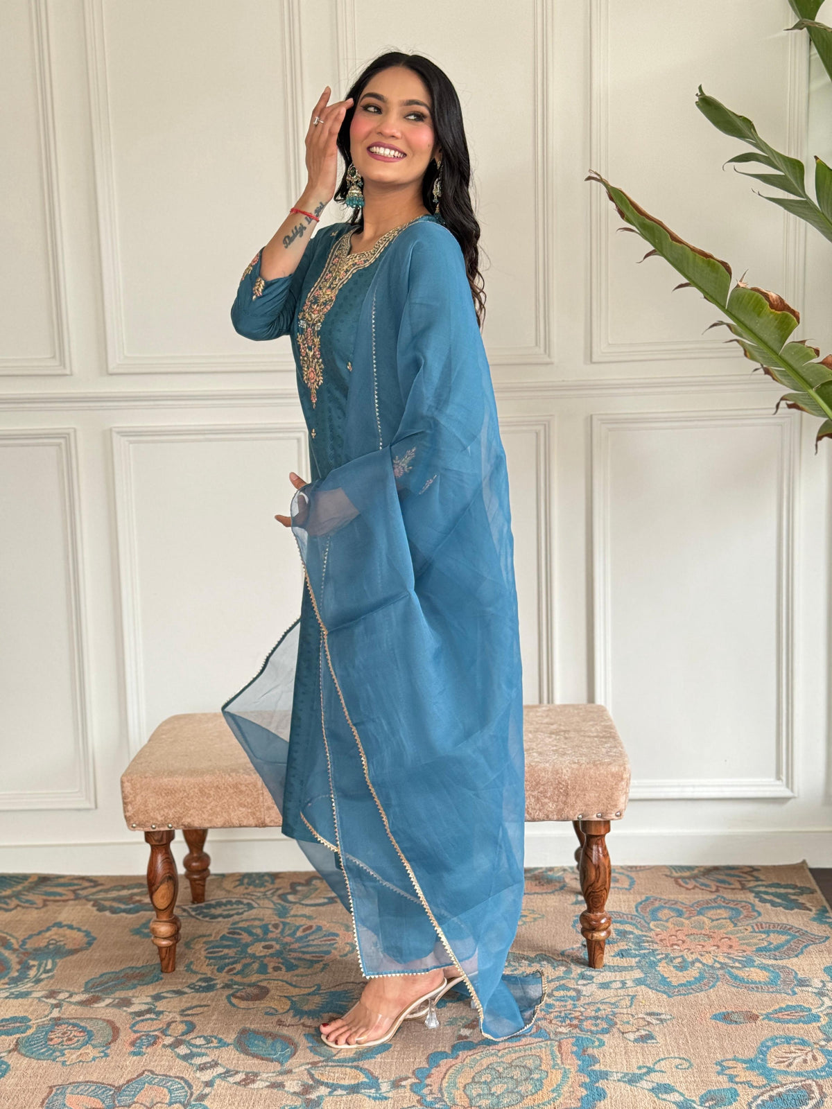 The52 Rama Embroidered Viscose Blend Fabric Straight Kurta, Pant and Dupatta Set | Grocsy