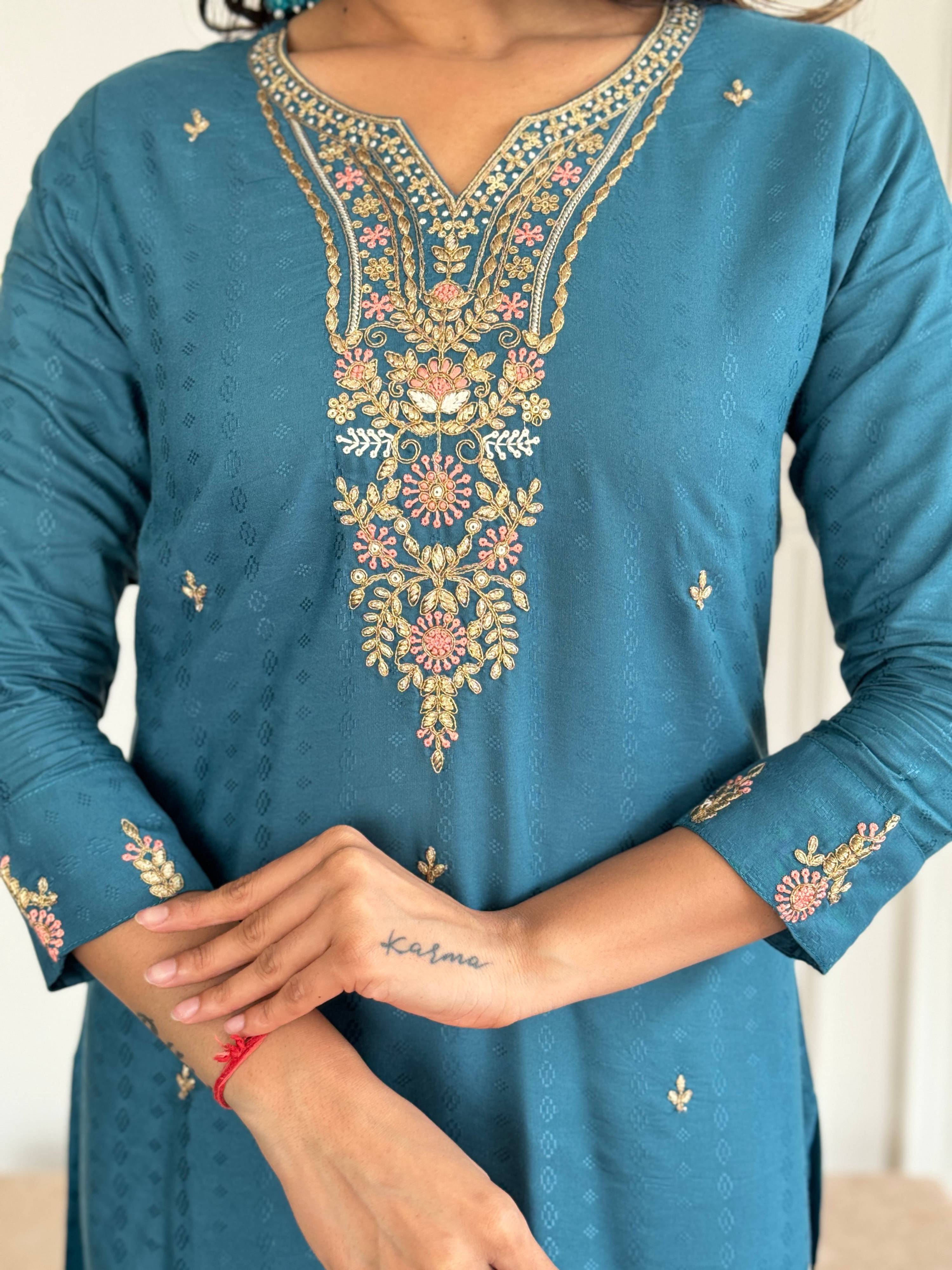 The52 Rama Embroidered Viscose Blend Fabric Straight Kurta, Pant and Dupatta Set | Grocsy