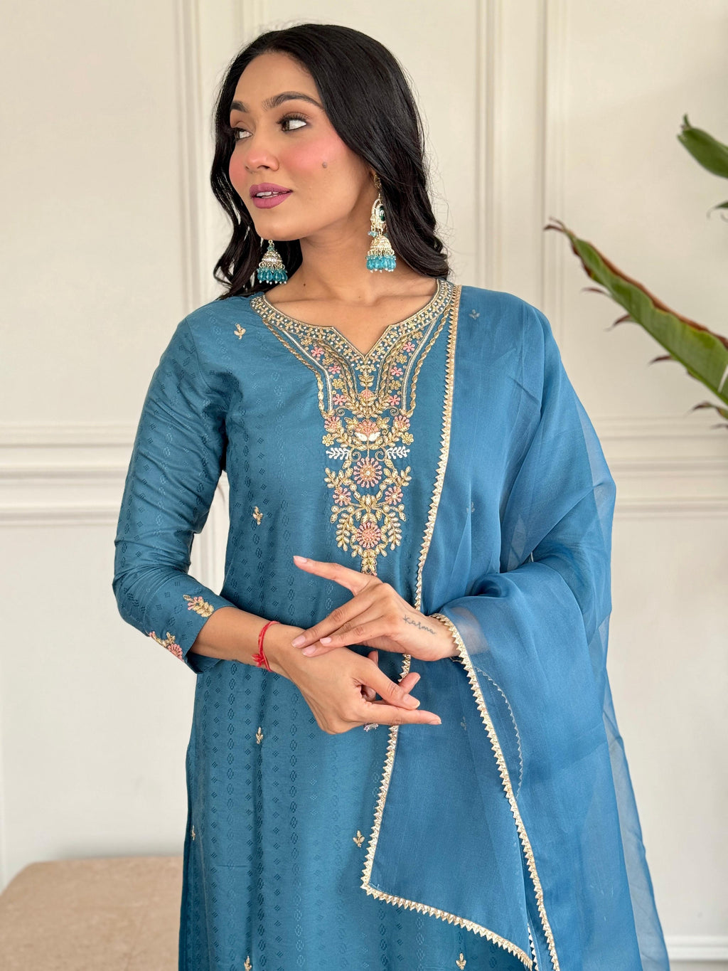 The52 Rama Embroidered Viscose Blend Fabric Straight Kurta, Pant and Dupatta Set | Grocsy
