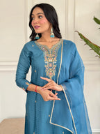 The52 Rama Embroidered Viscose Blend Fabric Straight Kurta, Pant and Dupatta Set | Grocsy
