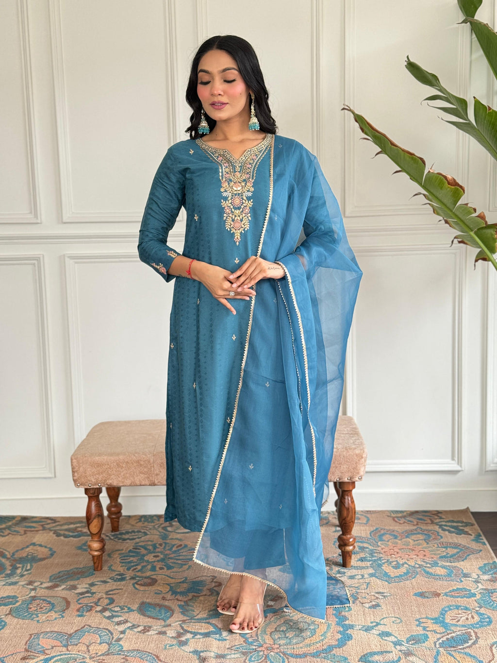 The52 Rama Embroidered Viscose Blend Fabric Straight Kurta, Pant and Dupatta Set | Grocsy