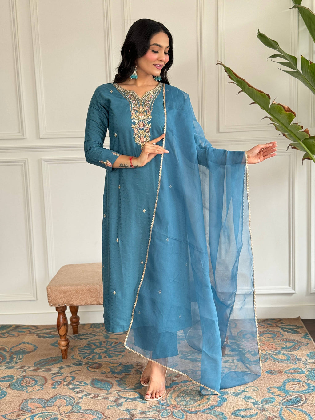 The52 Rama Embroidered Viscose Blend Fabric Straight Kurta, Pant and Dupatta Set | Grocsy