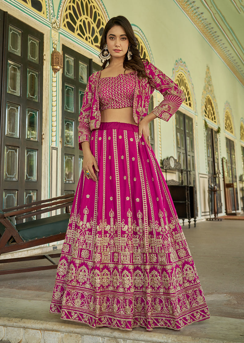 Monjolika Fashion Magenta Chinnon Heavy Embroidered Koti Style Lehenga Choli | Grocsy