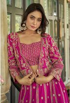 Monjolika Fashion Magenta Chinnon Heavy Embroidered Koti Style Lehenga Choli | Grocsy