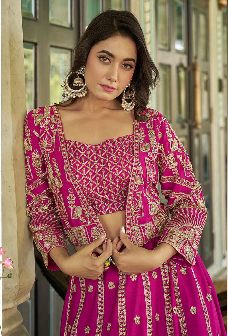 Monjolika Fashion Magenta Chinnon Heavy Embroidered Koti Style Lehenga Choli | Grocsy