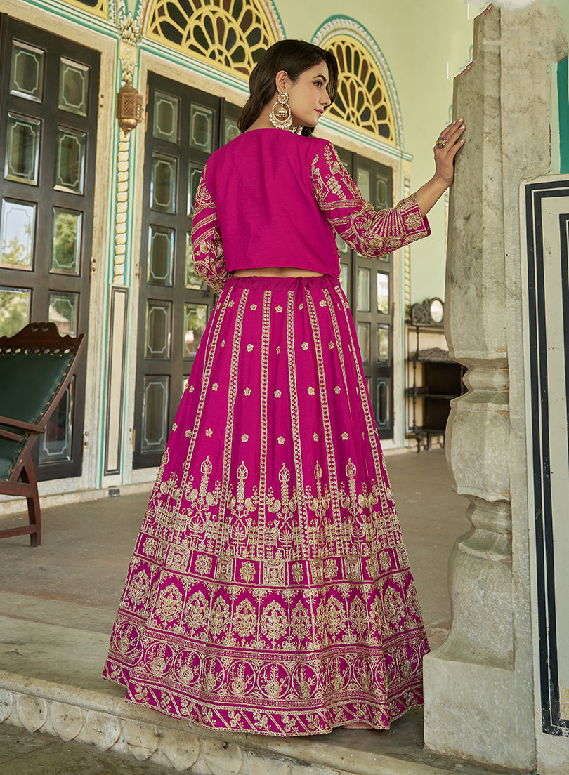 Monjolika Fashion Magenta Chinnon Heavy Embroidered Koti Style Lehenga Choli | Grocsy
