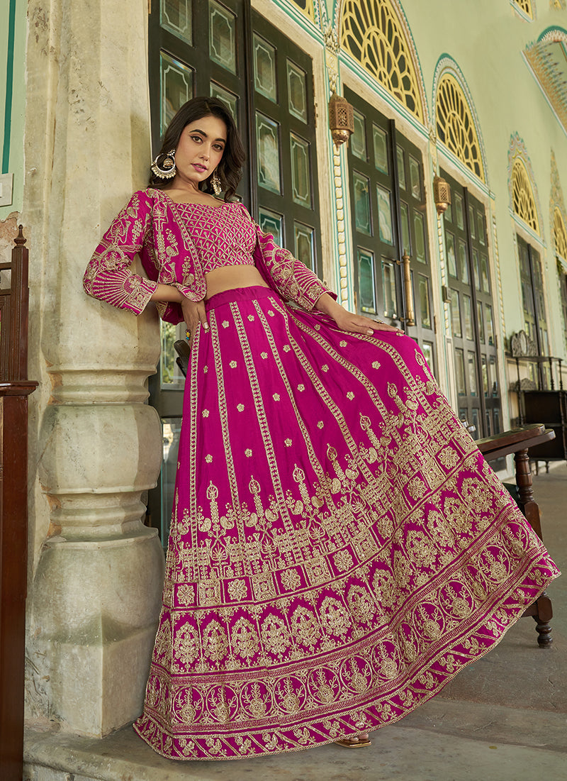 Monjolika Fashion Magenta Chinnon Heavy Embroidered Koti Style Lehenga Choli | Grocsy