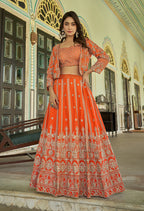 Monjolika Fashion Orange Chinnon Heavy Embroidered Koti Style Lehenga Choli | Grocsy