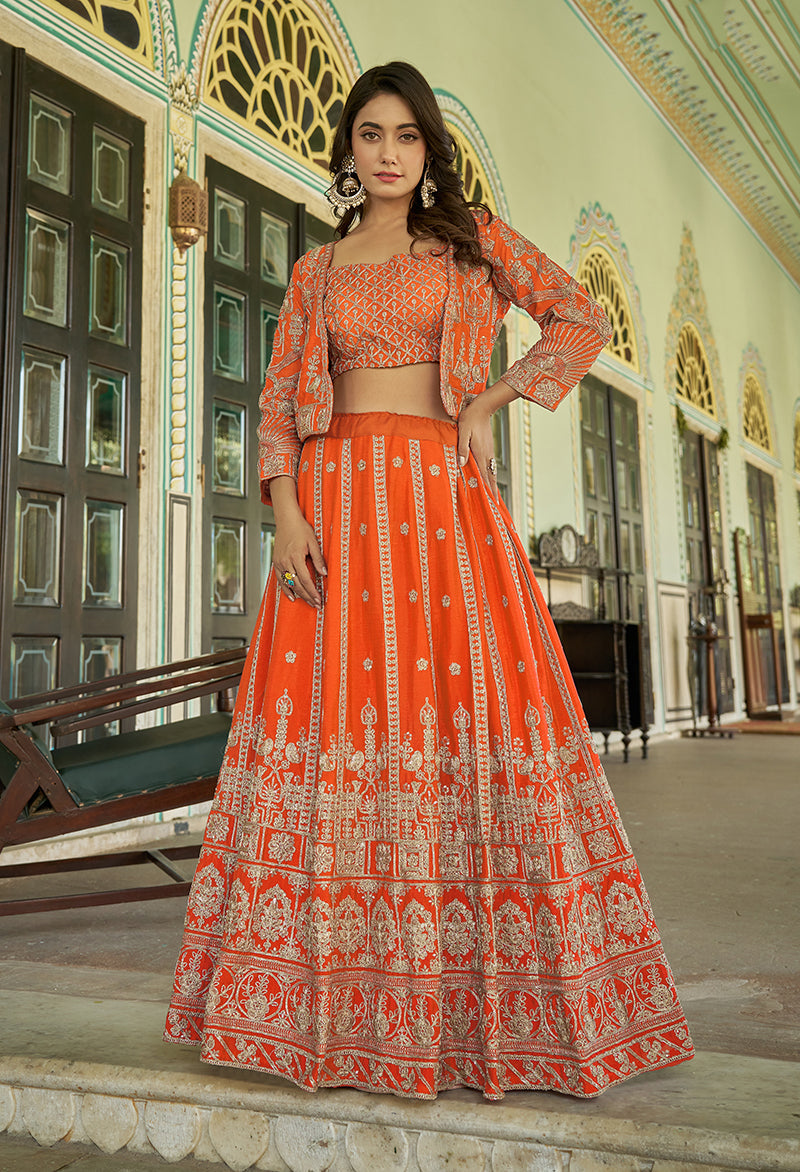 Monjolika Fashion Orange Chinnon Heavy Embroidered Koti Style Lehenga Choli | Grocsy