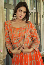 Monjolika Fashion Orange Chinnon Heavy Embroidered Koti Style Lehenga Choli | Grocsy