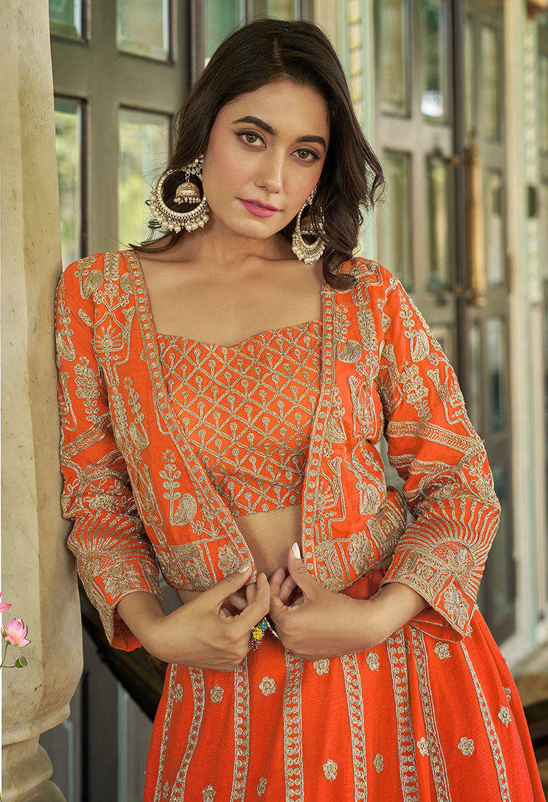 Monjolika Fashion Orange Chinnon Heavy Embroidered Koti Style Lehenga Choli | Grocsy