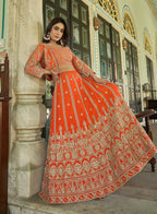 Monjolika Fashion Orange Chinnon Heavy Embroidered Koti Style Lehenga Choli | Grocsy