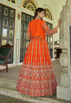 Monjolika Fashion Orange Chinnon Heavy Embroidered Koti Style Lehenga Choli | Grocsy