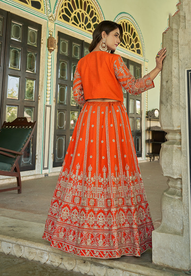 Monjolika Fashion Orange Chinnon Heavy Embroidered Koti Style Lehenga Choli | Grocsy
