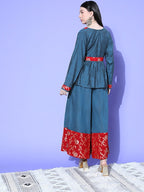 InWeave Women's Teal Red Brocade Mughal Shaan Kurta Palazzo Set | Grocsy