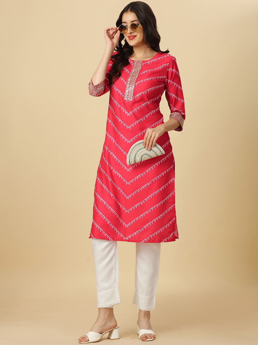 HERE&NOW Red & White Bandhani Printed Thread Work Kurta | Grocsy