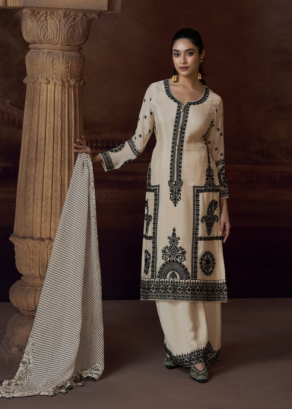 Anaita Beige Heavy Chinon Stitched Salwar Suit With Sequence Embroidery Work | Grocsy