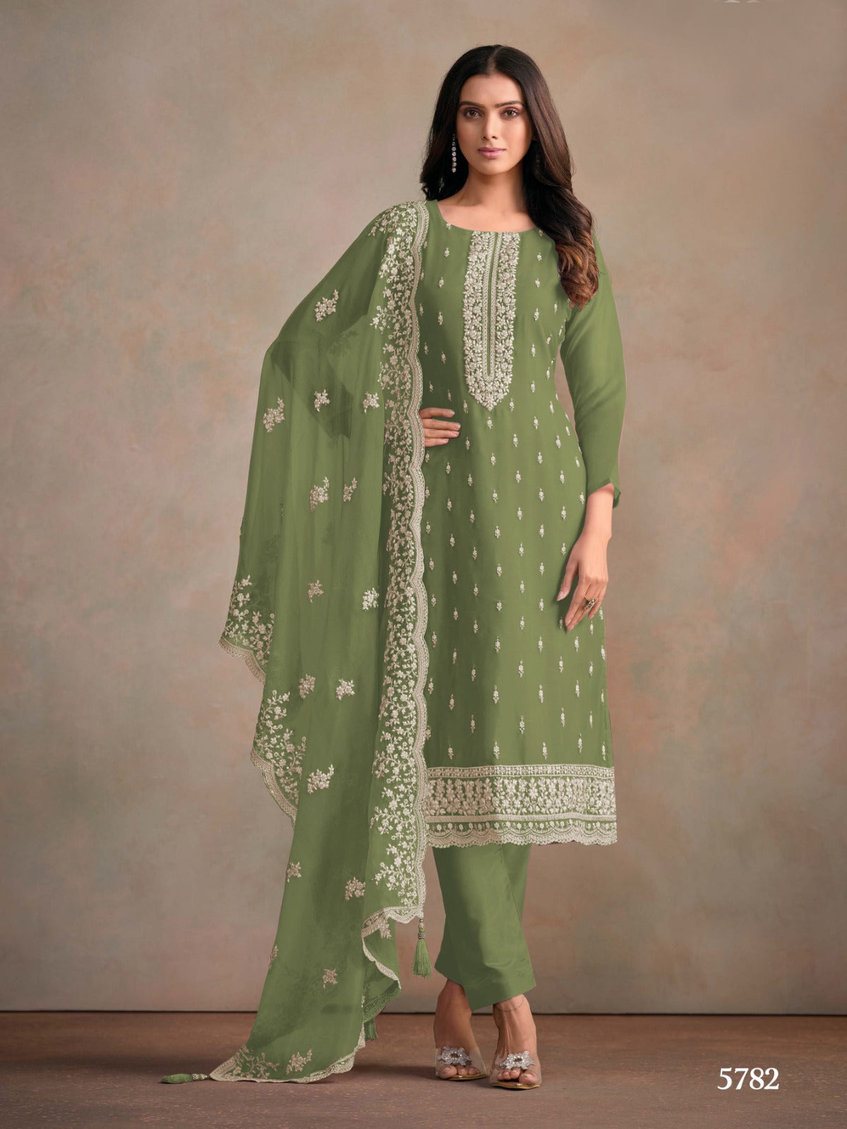Anaita Olive Heavy Organza With Embroidery Straight Salwar Suit | Grocsy