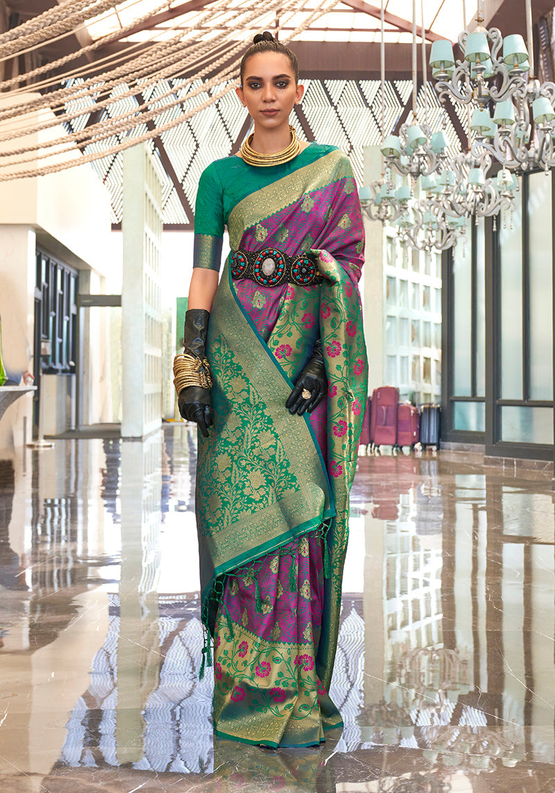 Monjolika Fashion Weaving Handloom Silk Blend Trendy Saree In Green And Magenta | Grocsy