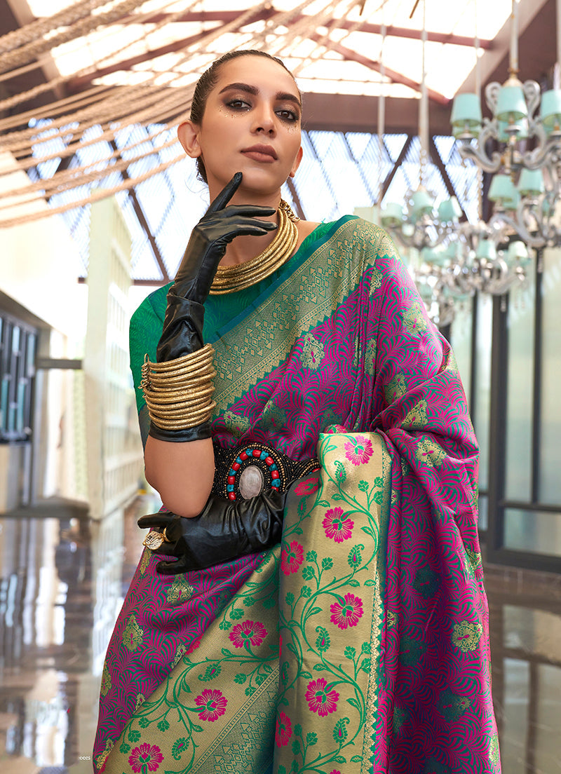 Monjolika Fashion Weaving Handloom Silk Blend Trendy Saree In Green And Magenta | Grocsy
