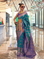 Monjolika Fashion Weaving Handloom Silk Blend Trendy Saree In Teal And Violet | Grocsy