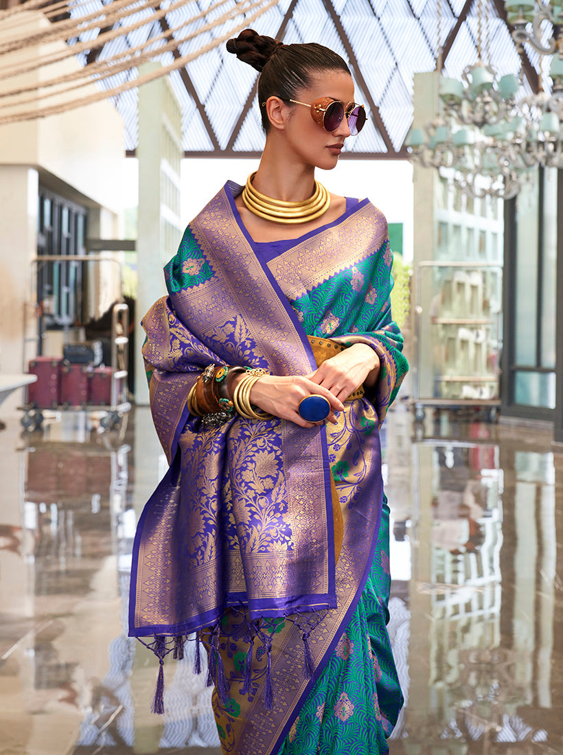 Monjolika Fashion Weaving Handloom Silk Blend Trendy Saree In Teal And Violet | Grocsy