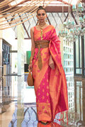 Monjolika Fashion Weaving Handloom Silk Blend Trendy Saree In Peach And Pink | Grocsy