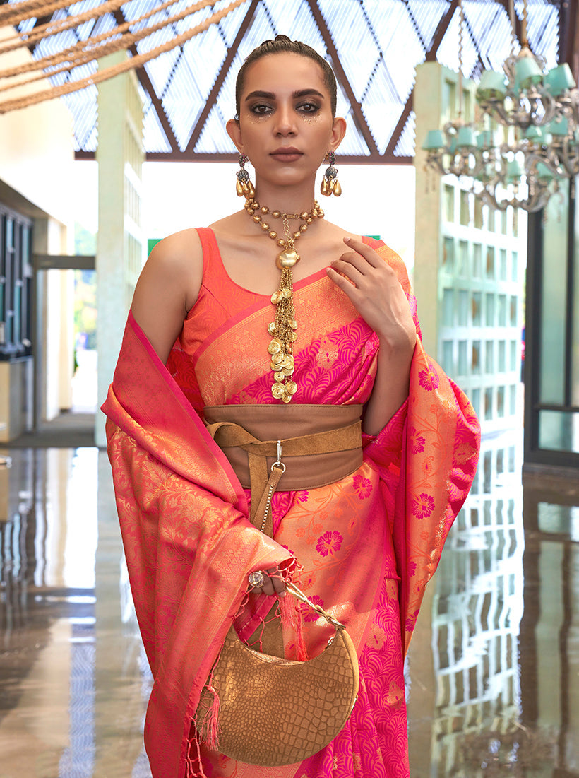 Monjolika Fashion Weaving Handloom Silk Blend Trendy Saree In Peach And Pink | Grocsy