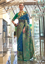 Monjolika Fashion Weaving Handloom Silk Blend Trendy Saree In Blue And Green | Grocsy