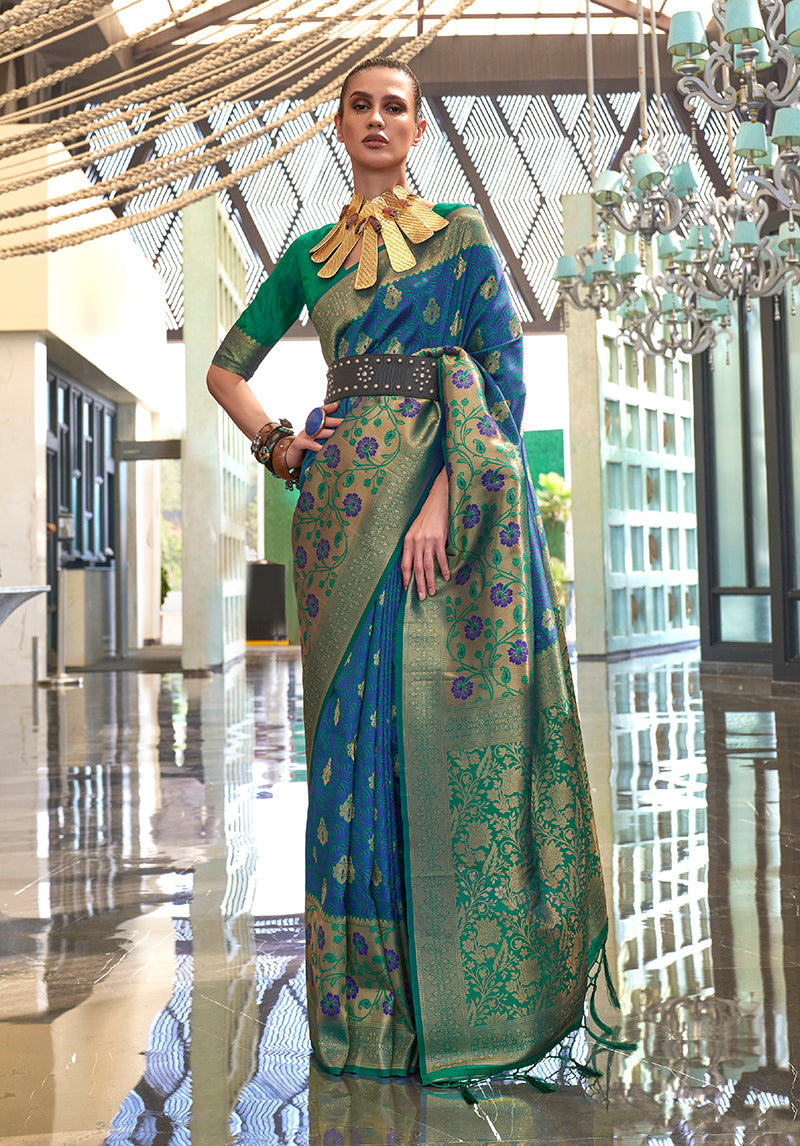 Monjolika Fashion Weaving Handloom Silk Blend Trendy Saree In Blue And Green | Grocsy