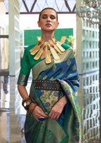 Monjolika Fashion Weaving Handloom Silk Blend Trendy Saree In Blue And Green | Grocsy