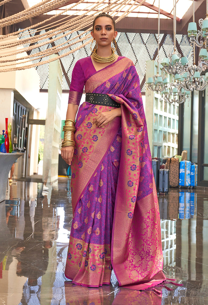 Monjolika Fashion Weaving Handloom Silk Blend Trendy Saree In Magenta And Violet | Grocsy