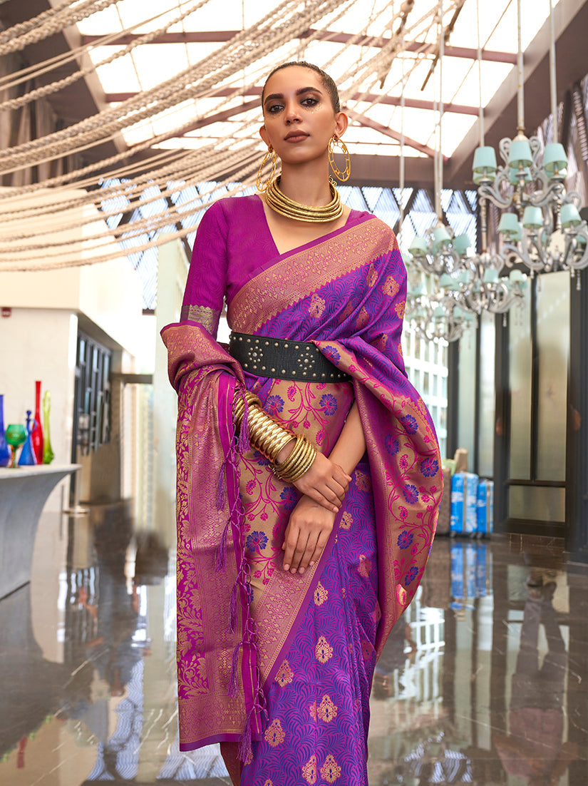 Monjolika Fashion Weaving Handloom Silk Blend Trendy Saree In Magenta And Violet | Grocsy