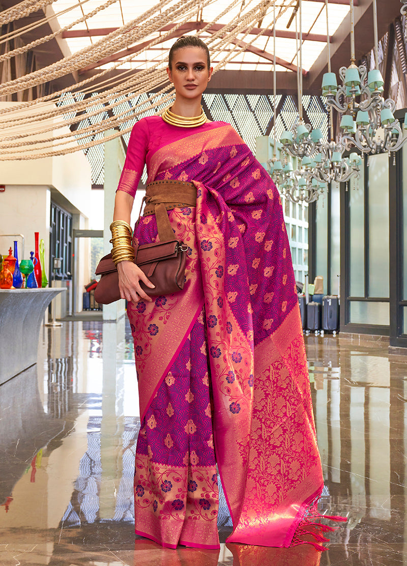 Monjolika Fashion Weaving Handloom Silk Blend Trendy Saree In Purple And Rani Pink | Grocsy