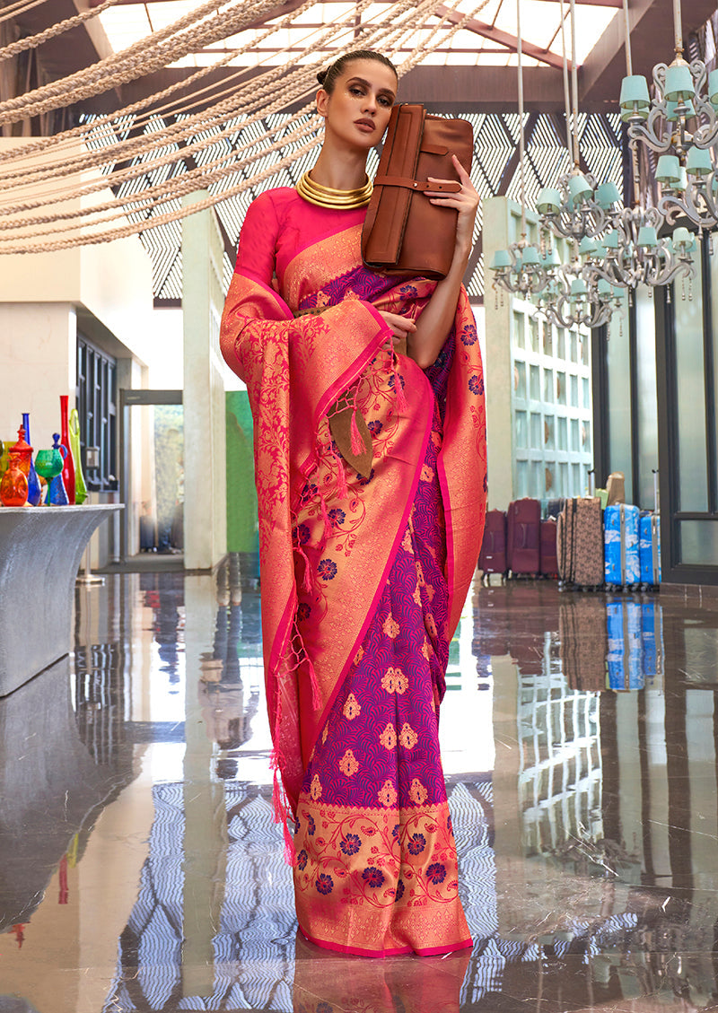Monjolika Fashion Weaving Handloom Silk Blend Trendy Saree In Purple And Rani Pink | Grocsy