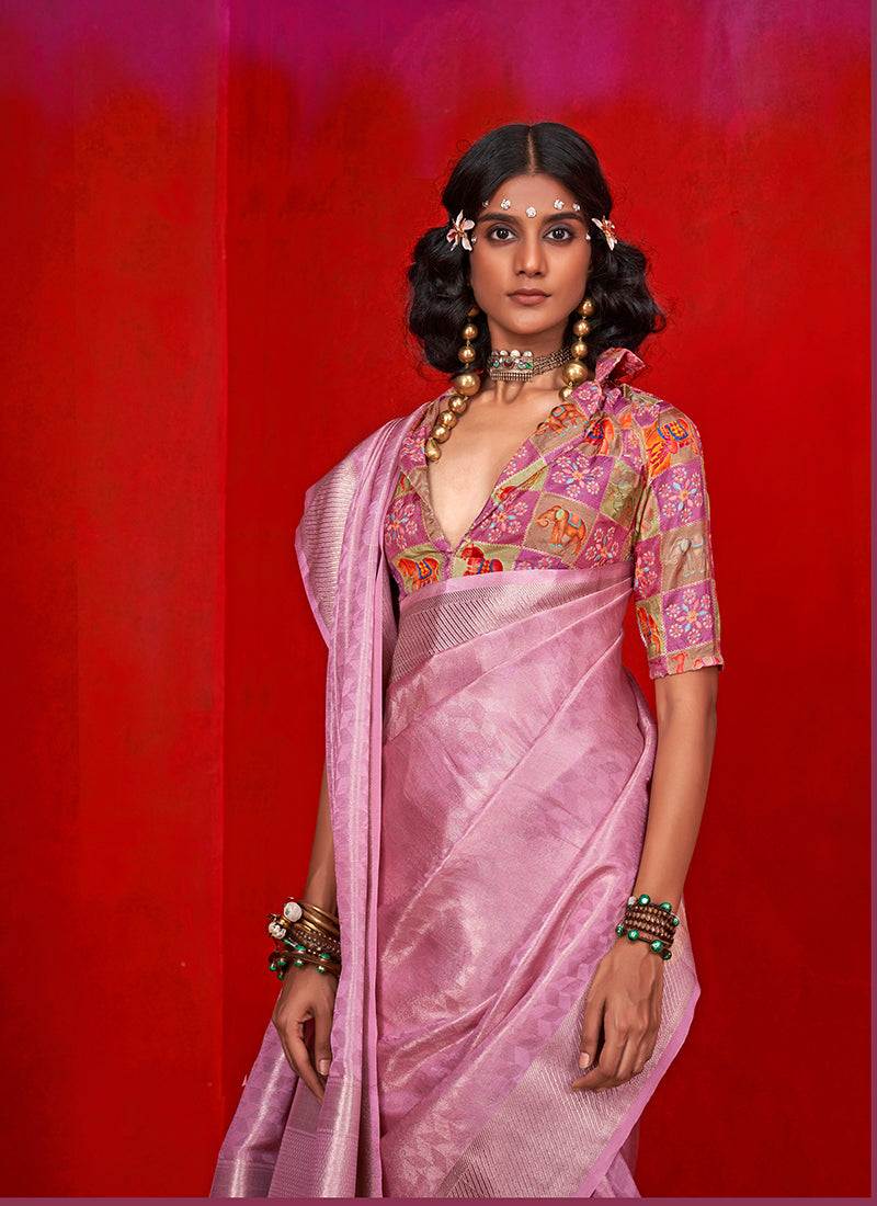 Monjolika Fashion Viscose Pink Zari Weaving Border Traditional Saree | Grocsy