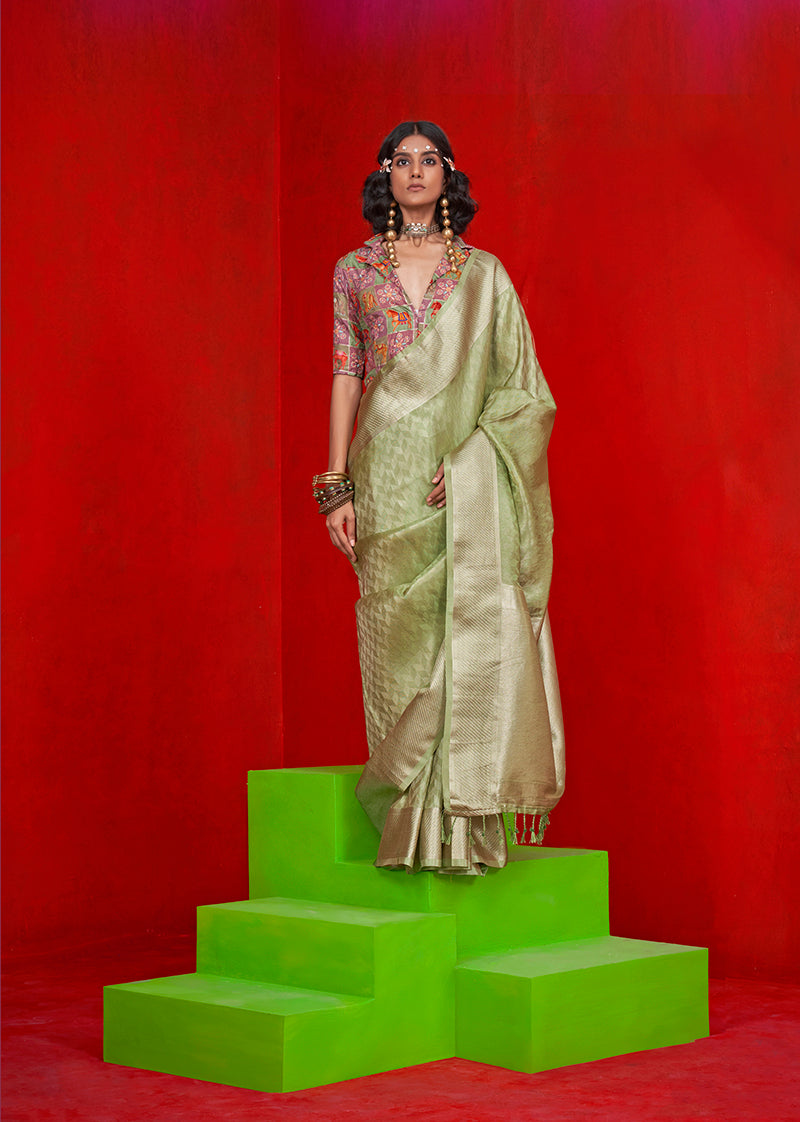 Monjolika Fashion Viscose Light Green Zari Weaving Border Traditional Saree | Grocsy