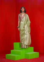 Monjolika Fashion Viscose Light Green Zari Weaving Border Traditional Saree | Grocsy