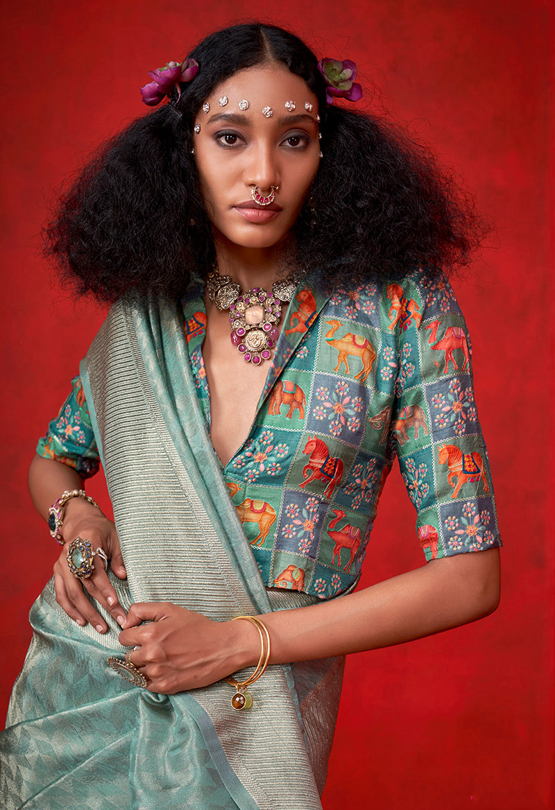 Monjolika Fashion Viscose Aqua Blue Zari Weaving Border Traditional Saree | Grocsy