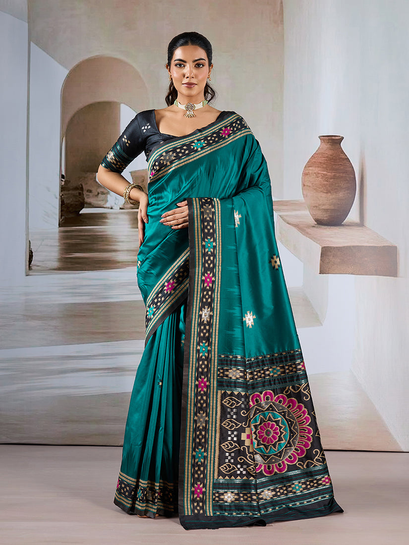 Monjolika Fashion Teal Weaving Handloom Silk Blend Designer Saree | Grocsy