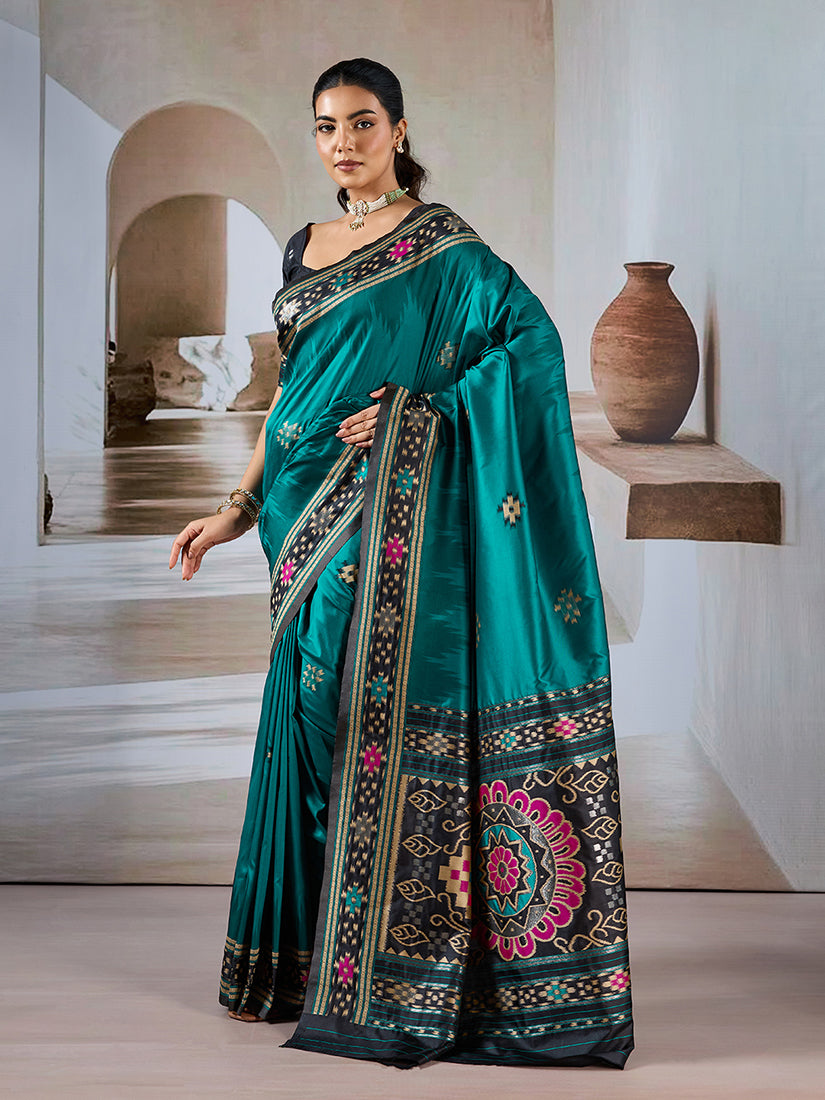 Monjolika Fashion Teal Weaving Handloom Silk Blend Designer Saree | Grocsy